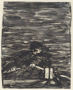 Rameur dans un bateau avec lanterne la nuit
