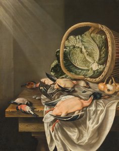 Nature morte de cuisine avec un panier renversé de laitue, de gibier et de légumes