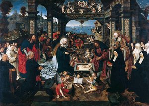 Néerlandais : La Nativité avec Margriet Dirck Boelensdr. et sa famille, Saint-André et Sainte-Marguerite La Nativité - Jacob Cornelisz van Oostsanen
