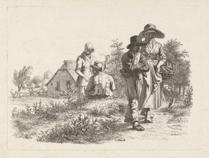 Femme aveugle et personnages conversant près d