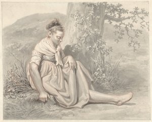 Jeune paysanne assise par terre près d