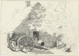 Chariot de lait avec cheval devant une ferme