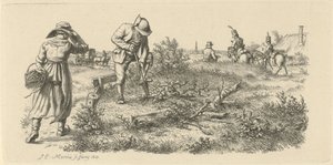 Homme creusant, une femme avec un panier et des soldats à cheval (Études gravées)