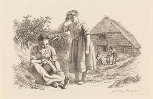 Deux femmes et un homme avec des enfants devant une grange (Études gravées)