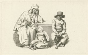 Vieille femme assise et deux enfants