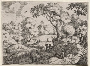 Six paysages : Chemin entre marais et rive boisée, vers 1595 - Jacob I Savery