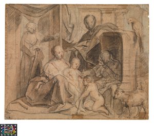 French : La Sainte Famille avec Elisabeth et le petit Jean (dos- porte, ouverture de la porte et Hermès)
Dutch : De Heilige Familie met Elisabeth en de kleine Johannes (keerzijde : Deur, deuropening en Hermes) - Jacob Jordaens