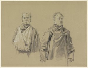 Deux soldats blessés, le gauche avec son bras en écharpe, le droit avec des béquilles
