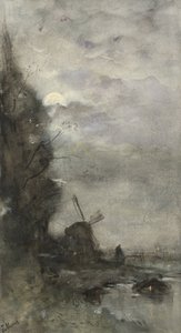 Paysage avec moulin au clair de lune