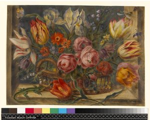 Étude de fleurs : fleurs assorties dans un panier, avec des insectes et un lézard dans un cadre de fenêtre, 1634