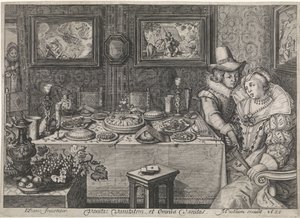 Jeune couple assis à une table richement garnie - Jacob Matham (workshop of)