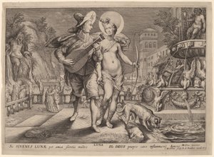 Diane en tant que Luna accompagnant un jeune homme sérénadant - Jacob Matham, after Hendrik Goltzius