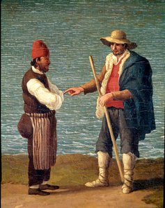 Un berger et un marchand dans le port de Monopoli, Pouilles, Italie