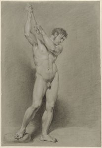 Homme nu debout avec un bâton au-dessus de la tête