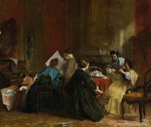 Groupe de femmes regardant des photographies stéréoscopiques, vers 1868