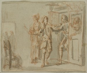 Illustration littéraire : Deux hommes et une femme dans un intérieur
