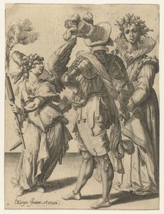 Un Cupidon aveuglé avec une torche devant un couple en tenue de fête - Jacob de Gheyn (II) (workshop of)