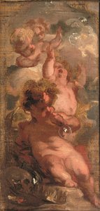 Allégorie de la Vanité : Quatre putti soufflant des bulles, un crâne, une palette d