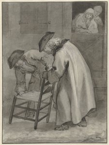 Deux hommes avec chapeau regardant une chaise en paille - Jacob de Wit