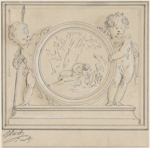 Deux putti avec médaillon, représentant Narcisse et Écho - Jacob de Wit