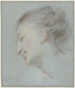 Tête de femme, profil gauche, regard vers le bas