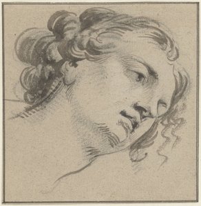 Tête de femme avec cheveux bouclés, trois quarts vers la droite et penchée en avant