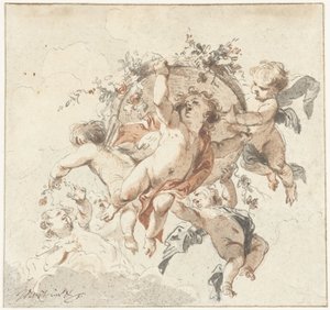 Chérubins flottants avec un panier de fleurs - Jacob de Wit
