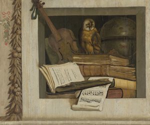 Nature morte avec livres, partitions, violon, globe céleste et chouette - Jacob van Campen