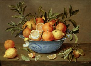 Nature morte avec oranges et citrons dans un plat en porcelaine Wan-Li