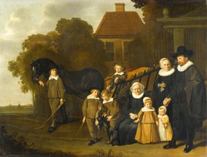 Portrait de groupe de la famille Meebeeck Cruywagen à la porte de leur maison de campagne sur l