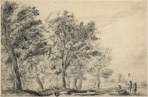 Paysage de Rivière Boisé avec Trois Personnes Pêchant - Jacob van Ruisdael