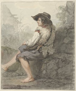 Garçon assis avec un chapeau et une peau de mouton, vers la gauche - Jacob van Strij