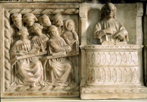 Monument funéraire de Carlo, Roberto et Riccardo da Saliceto : étudiants assistant à un cours (sculpture, vers 1403) - Jacobello and Pier Paolo dalle Masegne