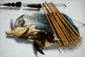 Nature morte avec deux cailles et accessoires de chasse