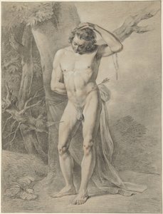 Homme nu debout, devant un arbre