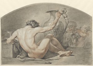 Homme nu assis, la main sur la poignée d