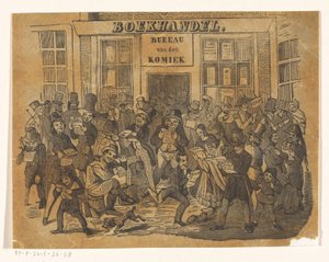 Foule devant une librairie pour obtenir Le Comique - Jacobus Wilhelmus Adrianus Hilverdink (possibly)