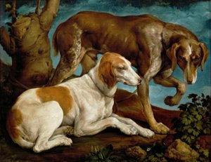 Deux chiens de chasse attachés à une souche d