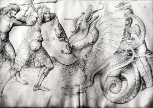Bataille entre guerriers et un dragon, c.1450