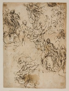 Esquisses pour le Christ flottant dans les airs, cavaliers, un couple assis et un ornement floral - Jacopo Palma
