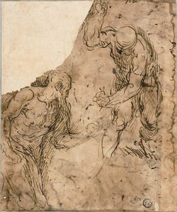 Deux Croquis de Nus Masculins, Un à Genoux, Un Debout (recto); Trois Croquis : Nu Masculin Assis, Nu Masculin Allongé, Tête Masculine de Profil (verso) - Jacopo Palma il Giovane