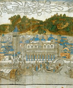 Venise et le vieux campanile avant sa destruction par un tremblement de terre, tiré de Pregrinatio in Terram Sanctam, imprimé pour la première fois en 1486 ... (gravure sur bois) - Jacopo de