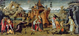 Paysage avec scènes bibliques et légendes des saints