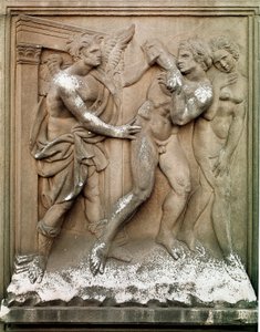 Adam et Ève chassés du Paradis terrestre. Bas-relief en marbre par Jacopo Della Quercia (1374/8-1438) 1430-1435. Bologne, Chiesa di San Petronio - Jacopo della Quercia