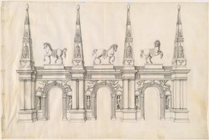 Un arc de triomphe avec des chevaux caparaçonnés et des pinacles ornés - Jacques Androuet Ducerceau I