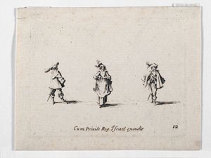 Une dame au chapeau à plumes et deux cavaliers, de ... (gravure) - Jacques Callot