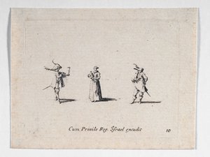 Une dame avec une bouteille de vin et deux cavaliers, de ... (gravure)