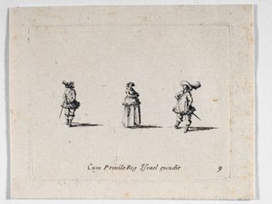 Une dame aux bras croisés et deux cavaliers, de ... (gravure)