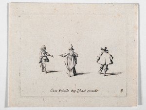 Une dame à la main tendue, vue de dos, et deux cavaliers, d