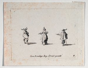 Une dame à la main tendue et deux cavaliers, de ... (gravure)
